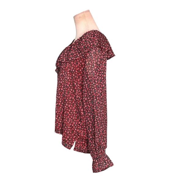 Loft red floral long sleeves ruffled lined sheer blouse size small - Picture 5 of 10